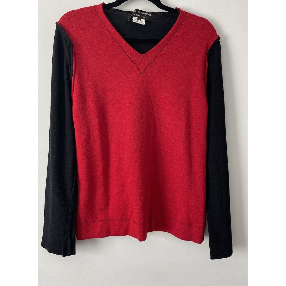 CDG Comme des Garcons Homme Plus Black Red Wool V Neck Sweater Large Designer